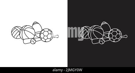 Rugby, Baseballschläger, Volleyball, Fußball und Basketball Vektor Illustration Doodle. Für Web und App Stock Vektor