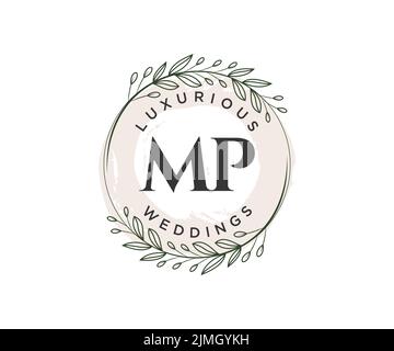 MP Initialen Brief Hochzeit Monogramm Logos Vorlage, handgezeichnete moderne minimalistische und florale Vorlagen für Einladungskarten, Save the Date, elegant Stock Vektor