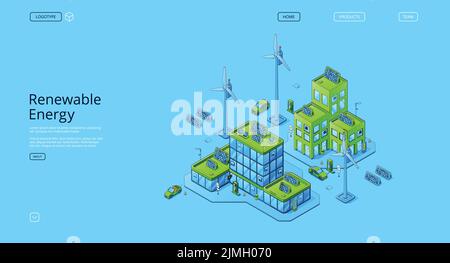 Isometrische Landing Page für erneuerbare Energien. Sauberer Strom, Quellen grüner ökologisch alternativer Energetik, Wetterstation mit Windmühlen und Solar p Stock Vektor
