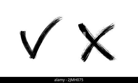 Pinsel lackiert ja und keine Häkchen. Schwarz-Weiß-Karabotafeln und Kreuzschilder. Symbole zur Genehmigung und Ablehnung gezeichneter Stimmen. X- und V-Embleme. Stock Vektor