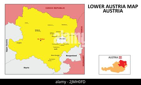 Niederösterreich Maine Karte. Landes- und Kreiskarte von Niederösterreich. Politische Landkarte von Niederösterreich mit dem Großbezirk Stock Vektor