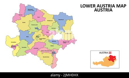 Niederösterreich Karte. Bezirkskarte von Niederösterreich Detaillierte Niederösterreichlandkarte in Farbe mit Hauptstadt. Stock Vektor