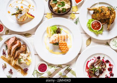 Draufsicht Essensauswahl Luxus Buffet Flat Lay Stockfoto