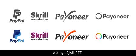 POLEN, BRESLAU - 22. JULI 2022: Icons der internationalen Zahlungssysteme PAYPAL, SKRILL, PAYONEER. Vektorversion für Websites, Anwendungen und Anwendungen Stock Vektor