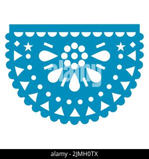 Papel Picado Vektor-rundes Design mit floralem Mandala, mexikanische Fiesta Girlande Dekor mit Blumen und geometrischen Formen in blau Stock Vektor