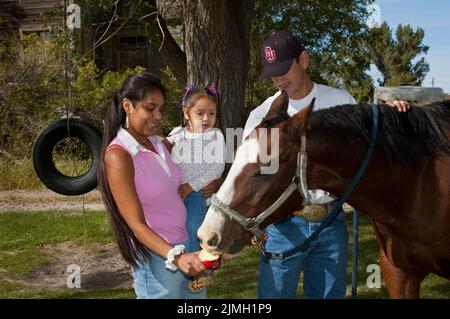 Indianische Familie füttert einen Apfel an ihr Tierpferd, Fort Hall Idaho (Shoshone Bannock) Stockfoto