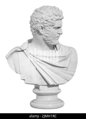 Alte weiße Marmorskulptur Büste von Caracalla. Marcus Aurelius Severus Antoninus Augustus bekannt als Antoninus. Römischer Kaiser. Stockfoto