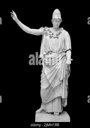 Antike griechische römische Statue der Göttin Athene, der gott der Weisheit, und die kunsthistorische Skulptur, isoliert auf Schwarz mit einem Clipping Pat Stockfoto