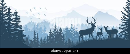 Horizontales Banner. Silhouette von Hirsch, Rehe, Rehkitz, die auf der Wiese im Wald stehen. Silhouette von Tier, Bäumen, Gras. Magisch neblige Landschaft, Nebel, moun Stockfoto