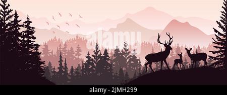 Horizontales Banner. Silhouette von Hirsch, Rehe, Rehkitz, die auf der Wiese im Wald stehen. Silhouette von Tier, Bäumen, Gras. Magisch neblige Landschaft, Nebel, moun Stockfoto