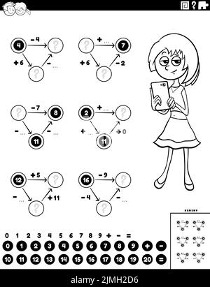 Pädagogische Berechnung Aufgabe mit Cartoon Mädchen Färbung Buch Seite Stockfoto