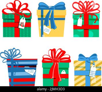 Eine Kollektion handbemalter Geschenkboxen in flachem Stil. Set von verschiedenen Geschenken mit unterschiedlichen Mustern. Helle Farben. Urlaub. Weihnachten. Vektor-sim Stock Vektor