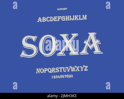 Elegante Buchstaben Schrift und Zahl. Typografie für die Technologie in Großbuchstaben und Kleinbuchstaben im urbanen Stil. Soxa 3D Stock Vektor