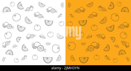 Vektorlinie Kunst der frischen tropischen Orange Frucht oder Clementine Doodle-Muster. Schwarzer Farbkritzel auf orangefarbenem und weißem Hintergrund. Stock Vektor