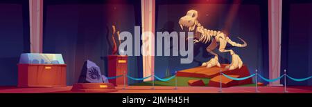 Paläontologie-Museum mit Dinosaurier-Skelett in der Nacht. Prähistorische jurassic Ära Ausstellung mit Tyrannosaurus rex Fossilien, Steinzeit Waffe und Weichtiere PR Stock Vektor
