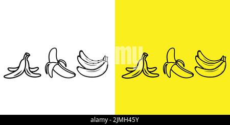Line Art von Bananen. Einzelne Banane, halbgeschälte Banane, Gruppe von Banane Stock Vektor