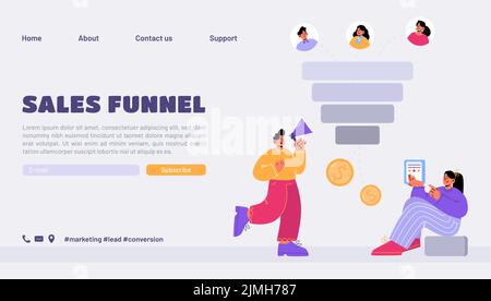 Landing Page für Verkaufstrichter, Geschäftsfiguren mit Lautsprecher und Filter. Digitales Marketing, Lead Generations-Strategie, Käufer, Conversion, Rate opt Stock Vektor