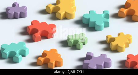 Random Regenbogen Farben Puzzle-Stücke. 3D Abbildung. Konzept der Teamarbeit. Trendy bunten abstrakten horizontalen Hintergrund. Digitales Banner Stock Vektor