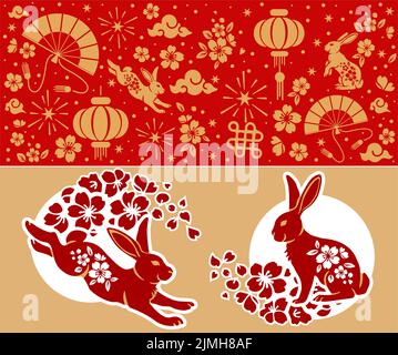 Chinesisches Neujahr, Jahr des Hasen, glückliches neues Jahr 2023, Sternzeichen für Grußkarte, Einladung, Poster, Broschüre, Kalender, Flyer, Banner. Stock Vektor