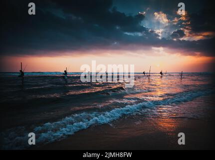 Silhouetten der traditionellen Stelzenfischer beim Sonnenuntergang in der Nähe von Galle in Sri Lanka Stockfoto