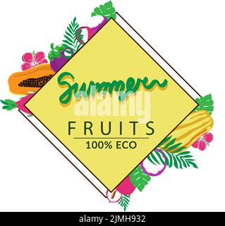 Festlicher Kranz mit exotischen Früchten, handgezeichnet. Isoliert auf weißem Hintergrund. Musterposter, Partyeinladung, Urlaubsbanner, Postkarte. Vec Stock Vektor