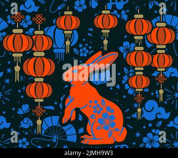 Chinesisches Neujahr, Jahr des Hasen, glückliches neues Jahr 2023, Sternzeichen für Grußkarte, Einladung, Poster, Broschüre, Kalender, Flyer, Banner. Stock Vektor