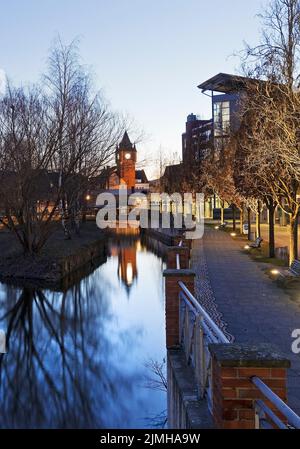 Alter Rathausturm mit Dinkel am Abend, Gronau, Münsterland, Deutschland, Europa Stockfoto