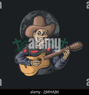 Ein Vektor-Design cooles Skelett mit einem Cowboy-Stil Hut spielen Gitarre und Rauchen auf einem schwarzen Hintergrund Stock Vektor
