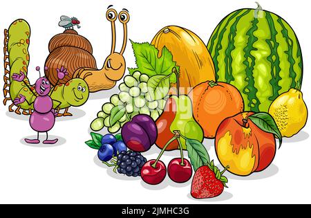 Cartoon Insekten Figuren und Schnecke mit frischem Obst Stockfoto