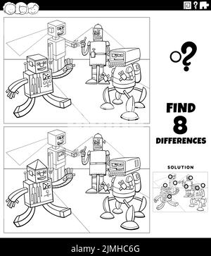 Unterschiede pädagogisches Spiel mit Robotern Färbung Buch Seite Stockfoto