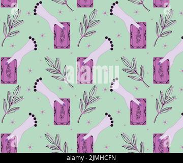 Tarot Muster Karte Hand der weiblichen Wahrsagerin, Zaubertröpfchen Kristalle Zauberflasche Hexerei. Vektorgrafik Stock Vektor