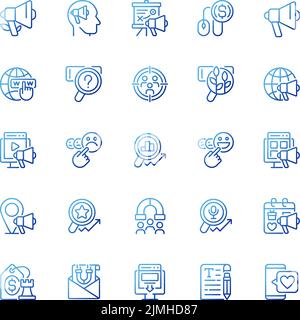 Feedback und Marketing Pixel Perfect Gradient lineare Vektor-Symbole gesetzt Stock Vektor