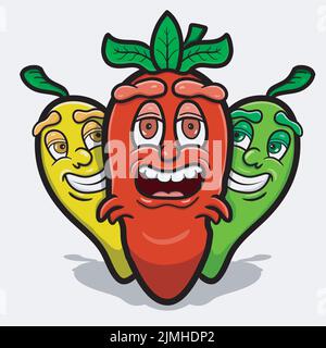Ein Vektor Illustration Maskottchen Cartoon-Figur von drei Lustige Chili Pepper Maskottchen Charakter Design Stock Vektor