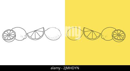 Zitrone isolierter Doodle auf schwarzem und gelbem Hintergrund. Zitrone Doodle Hintergrund für Verpackungen, Grußkarten, Web und Apps. Stock Vektor