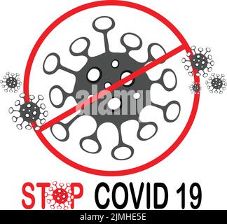 Ein Vektordesign eines Coronavirus-Warnzeichens mit einem Text von STOP COVID 19 in schwarz und rot isoliert auf weißem Hintergrund Stock Vektor