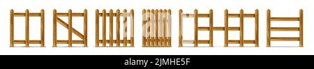 Holzzaun, Palisade, Palisade oder Baluster mit Pfostenkäfigen. Brauner Geländer oder Zaunabschnitte mit Walzenanstor. Holz rustikalen Garten, Ranch oder Bauernhof Grenze isolierte Elemente, realistische 3D Vektor-Illustration Stock Vektor