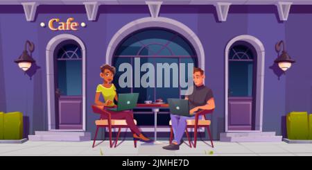 Mann und Frau arbeiten an Laptops, die im Café sitzen. Restaurant- oder Café-Fassade mit Tisch im Freien und ein paar Freiberuflern. Vektorgrafik Zeichentrickfilm Stock Vektor