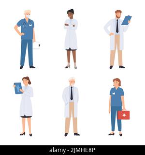 Arzt des medizinischen Personals. Krankenhausmitarbeiter in Uniform mit Röntgenbild, erste-Hilfe-Kasten. Chirurgen, Praktiker und Krankenschwestern stehen mit dem gleichen Stock Vektor
