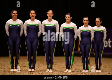 Herning. Dänemark. 06. August 2022. Weltreiterspiele. Jyske Bank Boxen Stadium. Das australische Team während der FEI-Weltmeisterschaft im Kader-Vaulting. Stockfoto