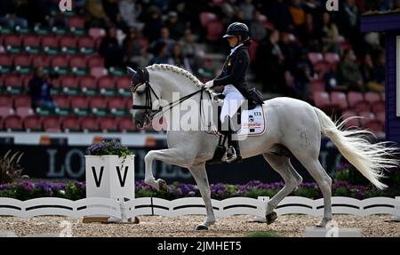 Herning. Dänemark. 06. August 2022. Weltreiterspiele. Jyske Bank Boxen Stadium. Teia Hernandez Vila (ESP) auf ROMERO DE TRUJILLO beim Grand prix der FEI-Dressurweltmeisterschaft der Blue Hors. Stockfoto