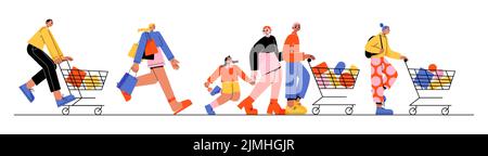 Viele Menschen stehen im Supermarkt Schlange mit Lebensmittelkarren, flache Zeichen gesetzt. Vektordarstellung von Männern, Frauen und Kindern beim Einkaufen, beim Warten Stock Vektor