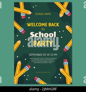 Back to School Party Poster Vorlage mit klassischem gelben Bleistift mit Radiergummi darauf. Die Bleistifte sind in einem Kreis an einer grünen Tafel der Schule angeordnet. Stock Vektor