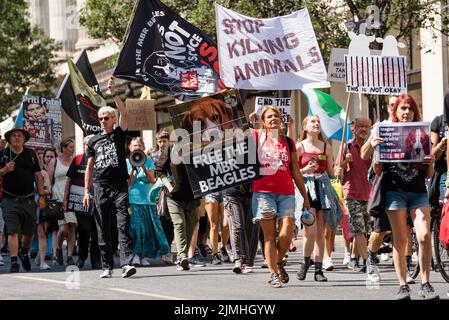 London, Großbritannien. 6. August 2022. Tierrechtsaktivisten marschieren in London zum Nationalen Tierrechtsmarsch, um Gerechtigkeit für Tiere und ein Ende der Tierausbeutung zu fordern. Der marsch war eine Zusammenarbeit vieler aktivistischer Gruppen wie Animal Rebellion, Animal Freedom Movement, North London Hunt Sabs, Animal Justice Project und Animal Save UK. Quelle: Andrea Domeniconi/Alamy Live News Stockfoto