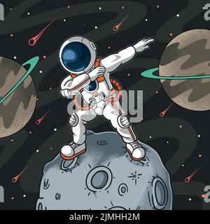 Ein Vektor-Design von Dabbing Astronaut auf dem Mond mit Raum und Planeten im Hintergrund stehen Stock Vektor