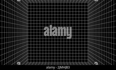 Abstrakter Computerhintergrund im Stil von 80s. Interieur im Sci-Fi-Stil mit Retro-Linien. Synthwave- oder retrowave-Rasterraum. Stock Vektor