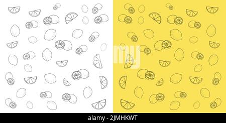 Zitronen-Doodle-Muster auf schwarzem und gelbem Hintergrund. Zitrone Doodle Hintergrund für Verpackungen, Grußkarten, Web und Apps. Stock Vektor