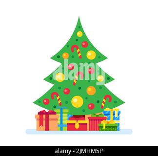Weihnachtsbaum und Geschenkboxen. Tannenbaum geschmückt mit Spielzeugkugeln und Zuckerrüben für die Weihnachtsfeier. Winterurlaub festliches Symbol mit bunten Pre Stock Vektor