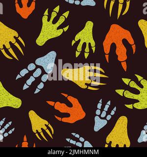 Dinosaurier-Fußabdrücke mit nahtlosem Muster. Vektor bunte Doodle Illustration Stock Vektor