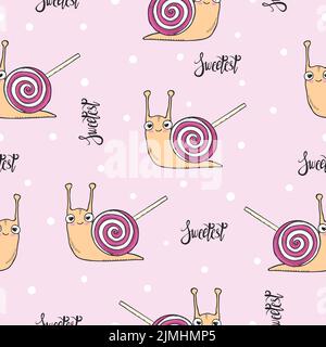 Nahtloses Muster mit Cartoon-Schnecke mit Lutscher als Schale. Vektor-Baby-Illustration. Stock Vektor