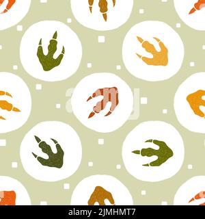 Dinosaurier-Fußabdrücke. Kindliche Vektorgrafik mit Tupfen und Dinosaurierpfoten. Stock Vektor